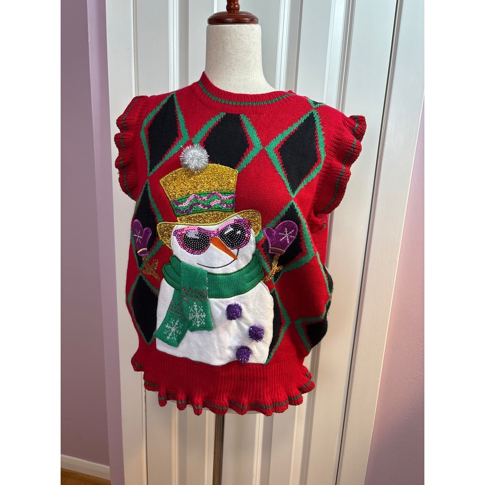 Blizzard Bay Womens Red Argyle Snowman Ugly Christmas Sweater Vest Ruffle Medium